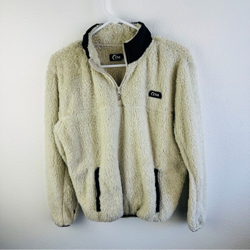 Zyia Active Ivory Black Oversized Teddy Bear Quarter Zip Top Size XS